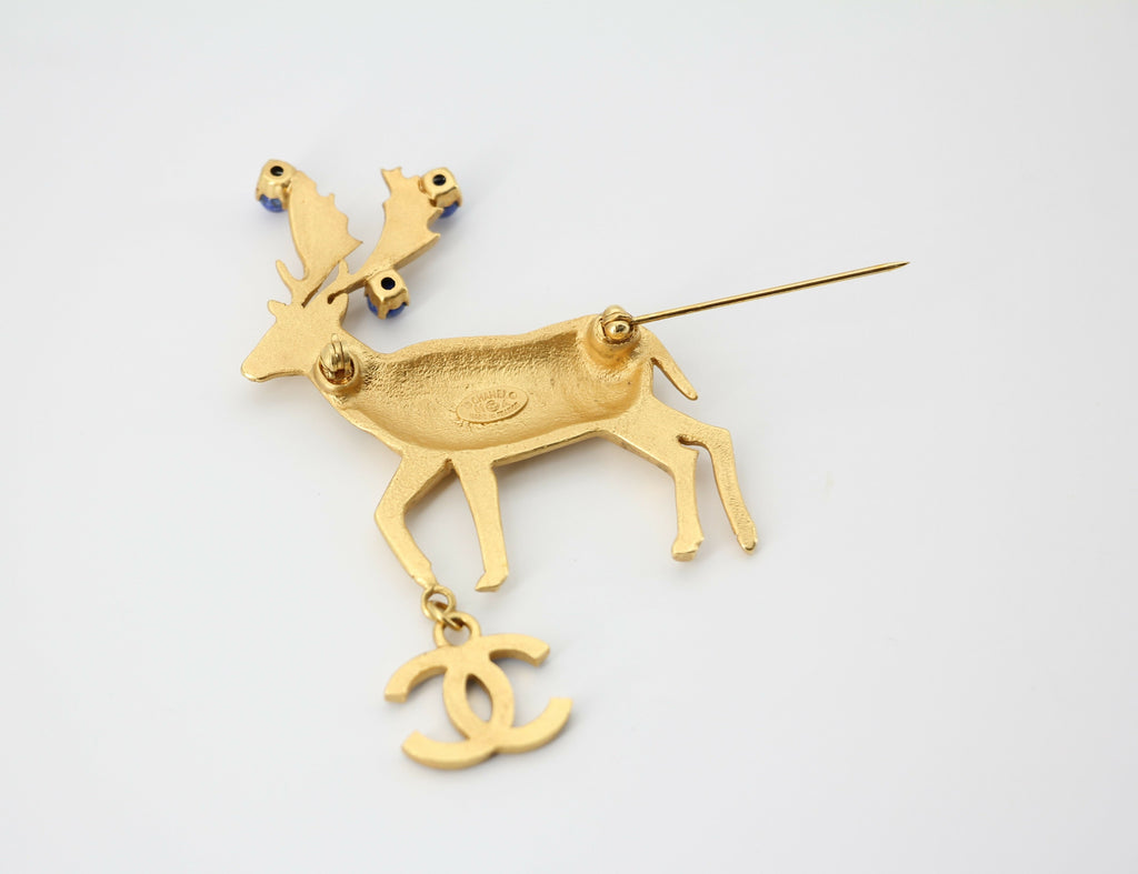 Chanel Vintage 01A Rhinestone Blue Golden Green Reindeer Brooch