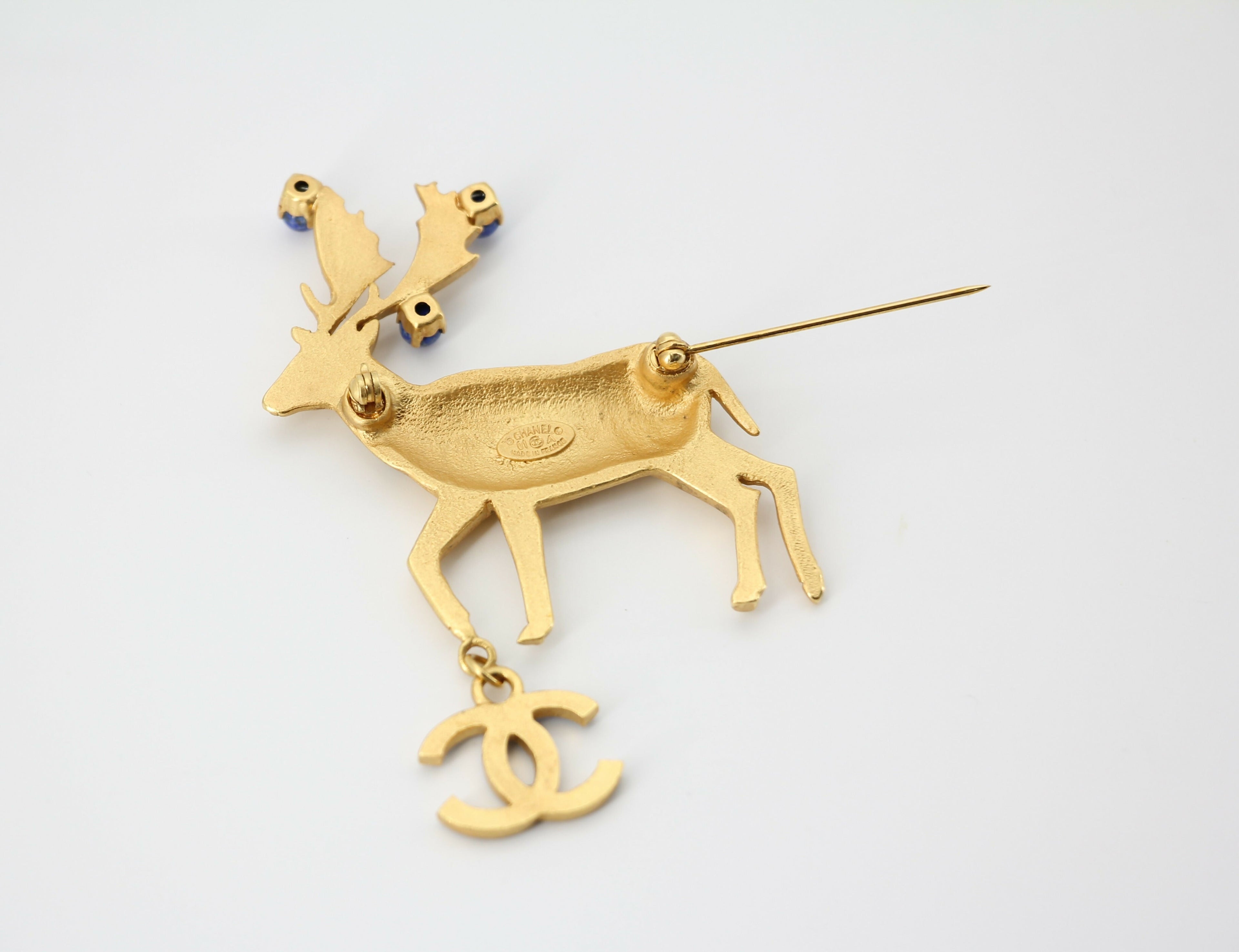 Chanel Vintage 01A Rhinestone Blue Golden Green Reindeer Brooch