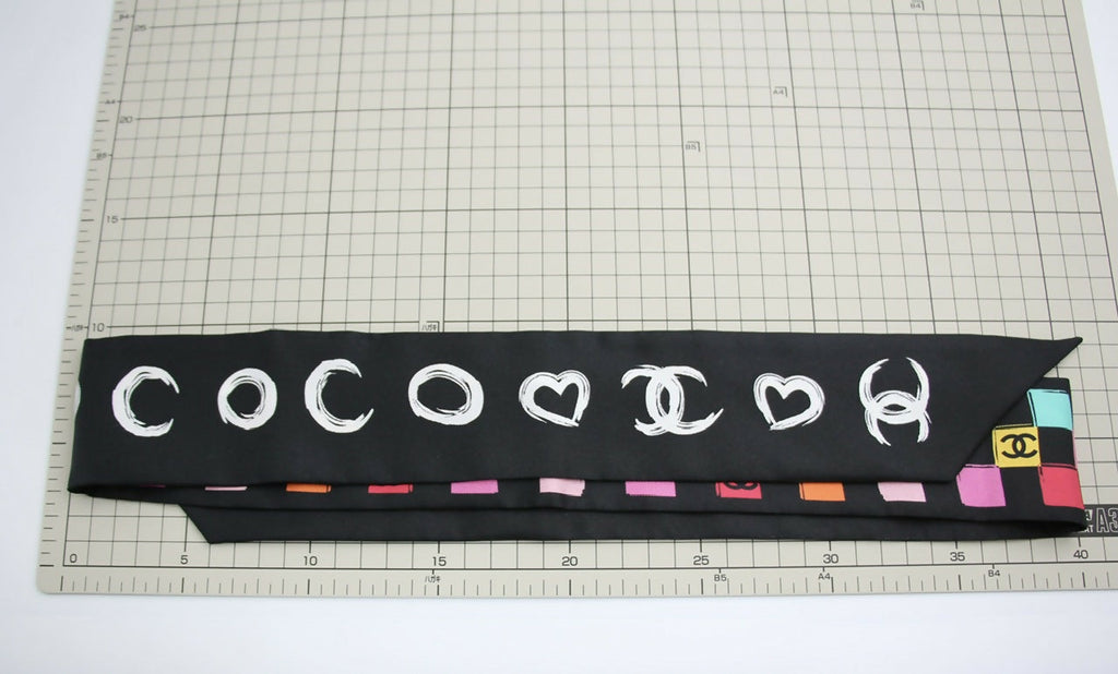 CHANEL 100% Silk Twilly Checkered Pattern CC Logo Scarf in Black and Multicolour