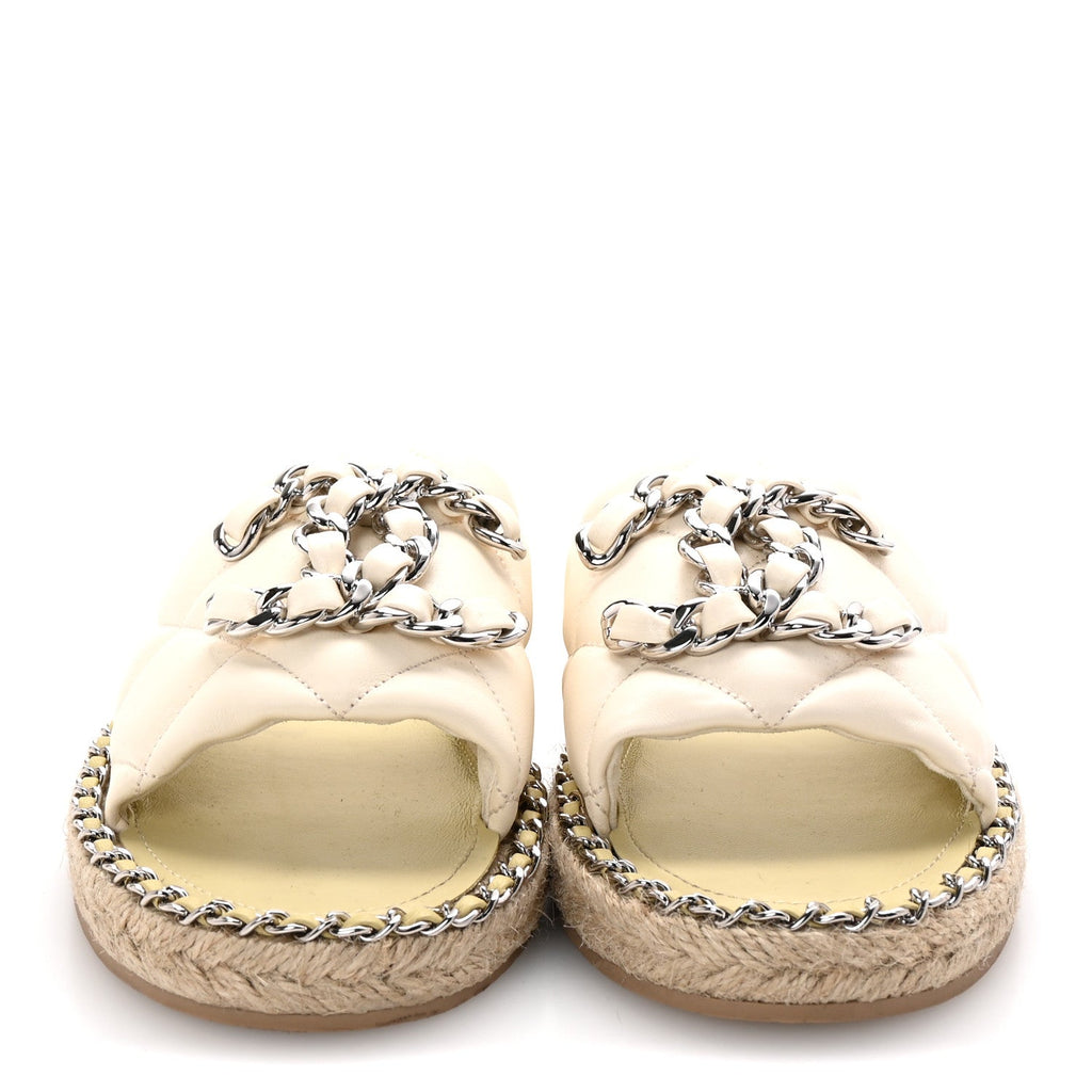 Lambskin Quilted CC Chain Espadrille Mules 37 White