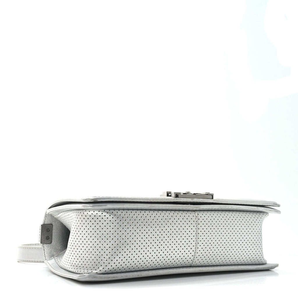 Metallic Lambskin Perforated Quilted Medium Boy Flap Argent