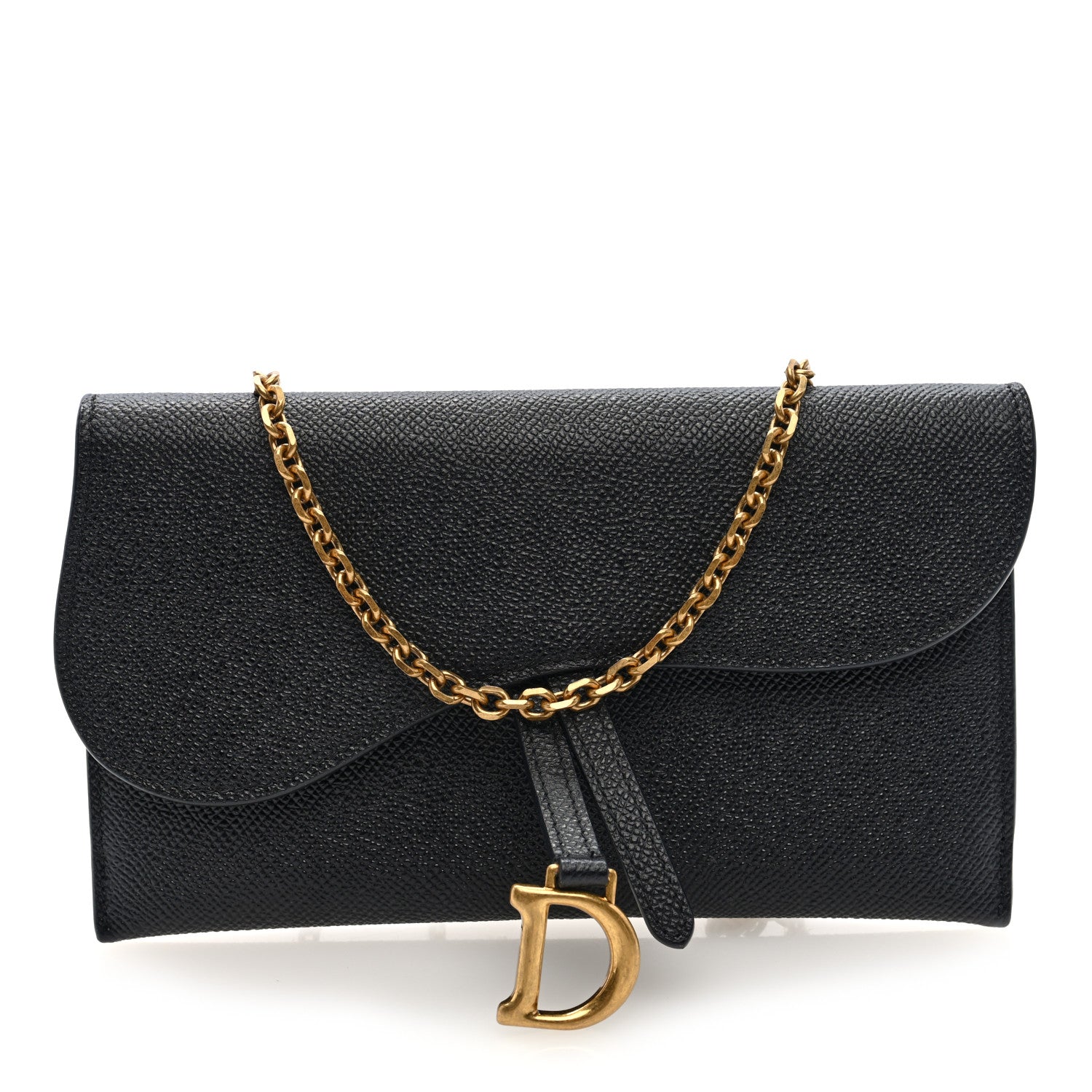 Grained Calfskin Saddle Chain Wallet Pouch Black