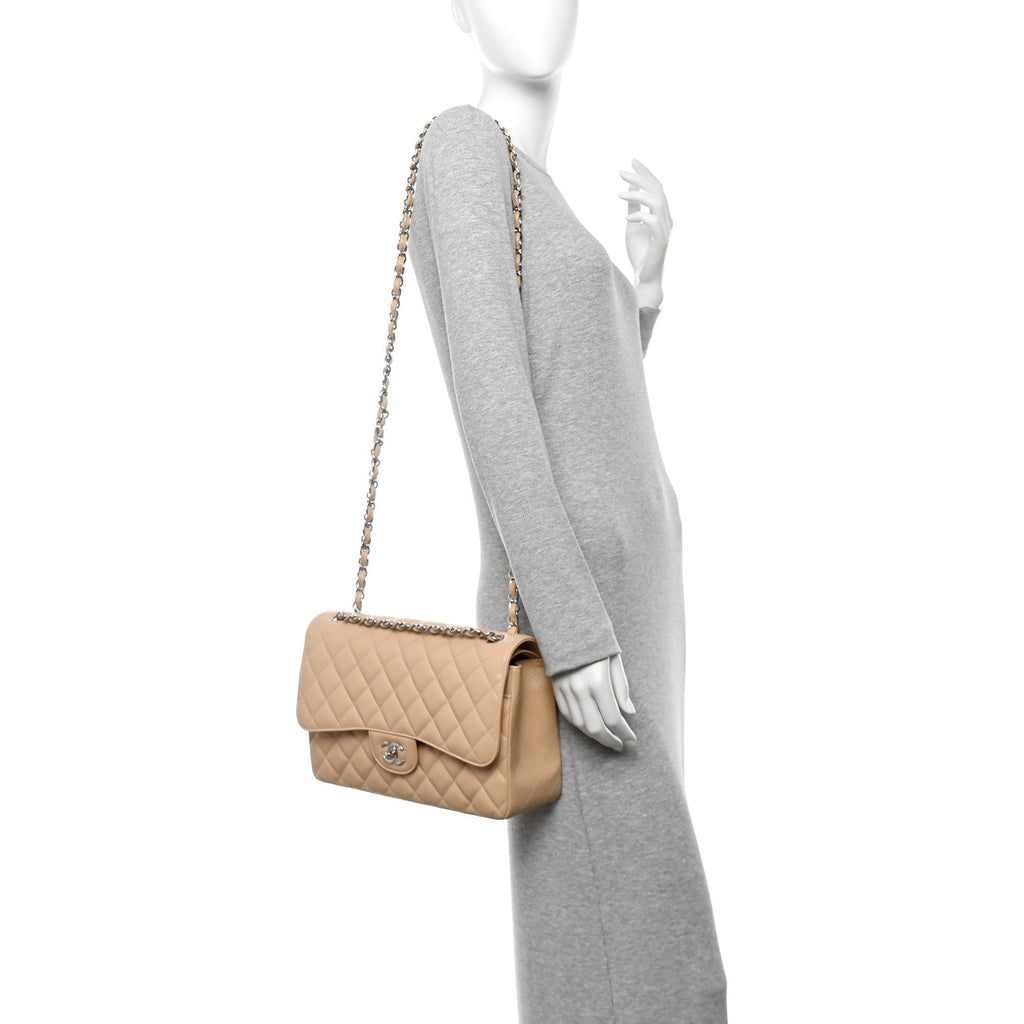 Caviar Quilted Jumbo Double Flap Beige