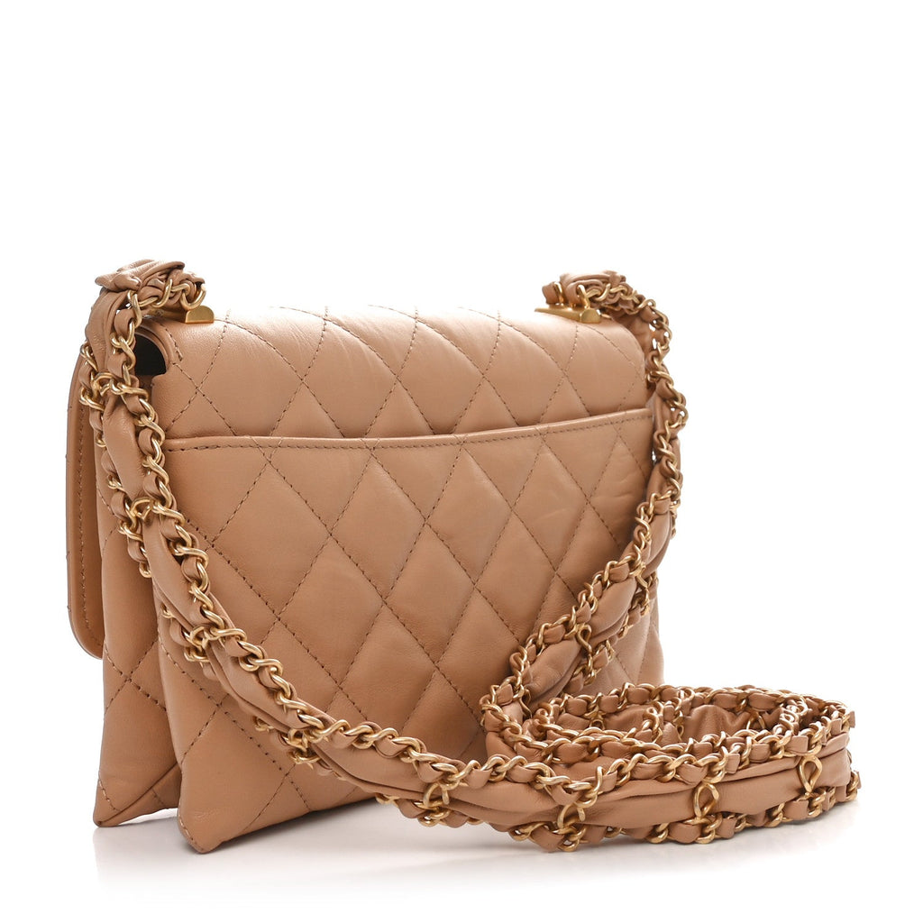 Crumpled Calfskin Quilted Coco First Flap Beige