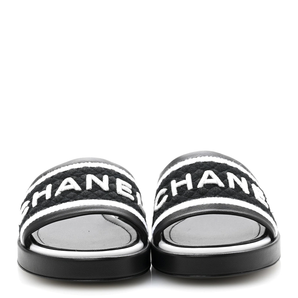 Lambskin Embroidered CC Mule Sandal 38.5 Black White