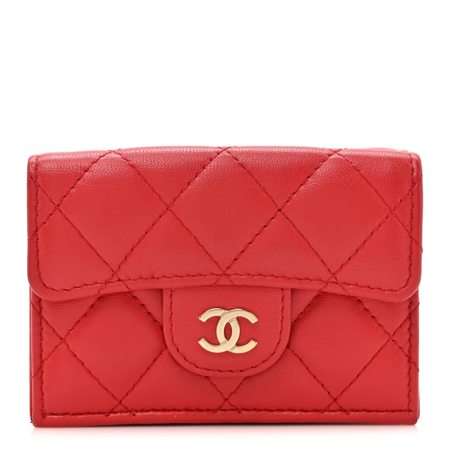 Lambskin Quilted Double Flap Wallet  Red