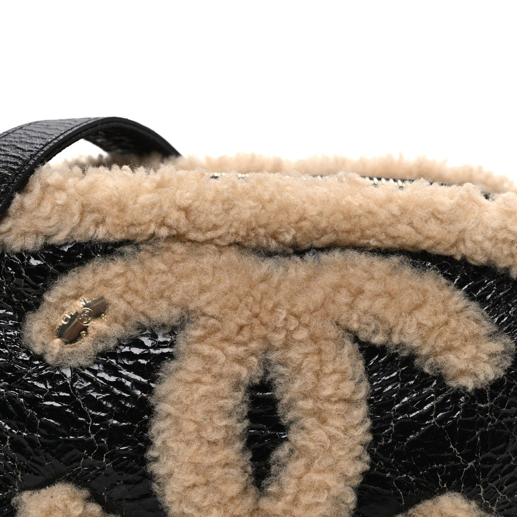 Shiny Crumpled Sheepskin Shearling Waist Bag Black Beige