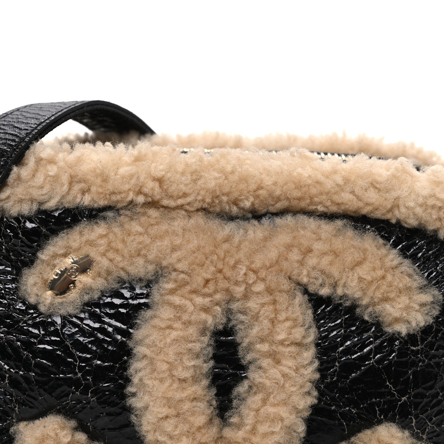 Shiny Crumpled Sheepskin Shearling Waist Bag Black Beige