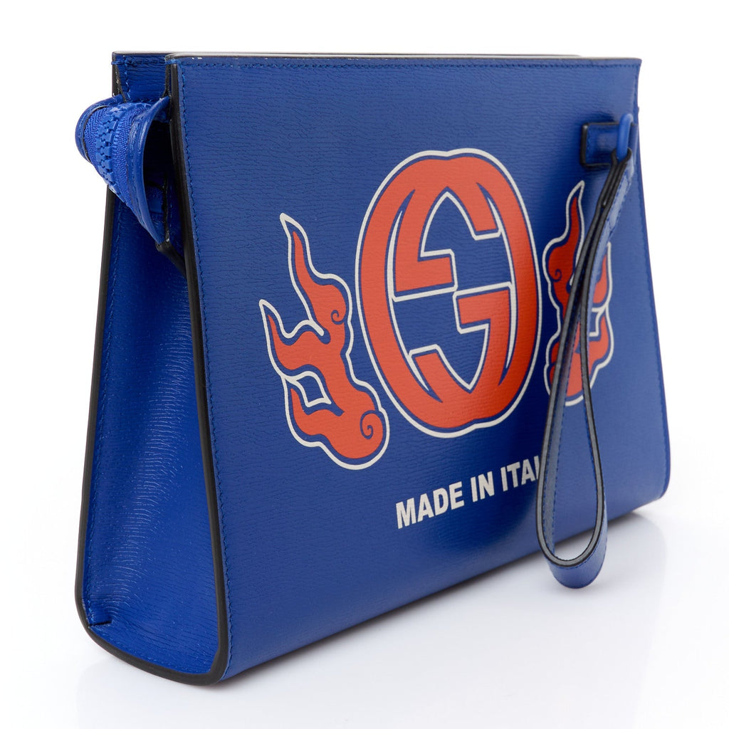New Shanghai Calfskin Interlocking G Logo Wristlet Pouch Cobalt Blue Orange