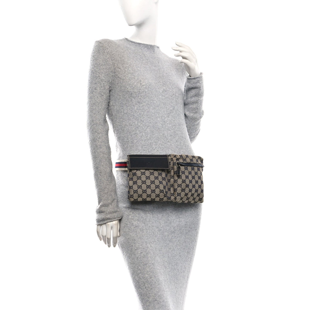 GG Monogram Web Double Pocket Belt Bag Navy