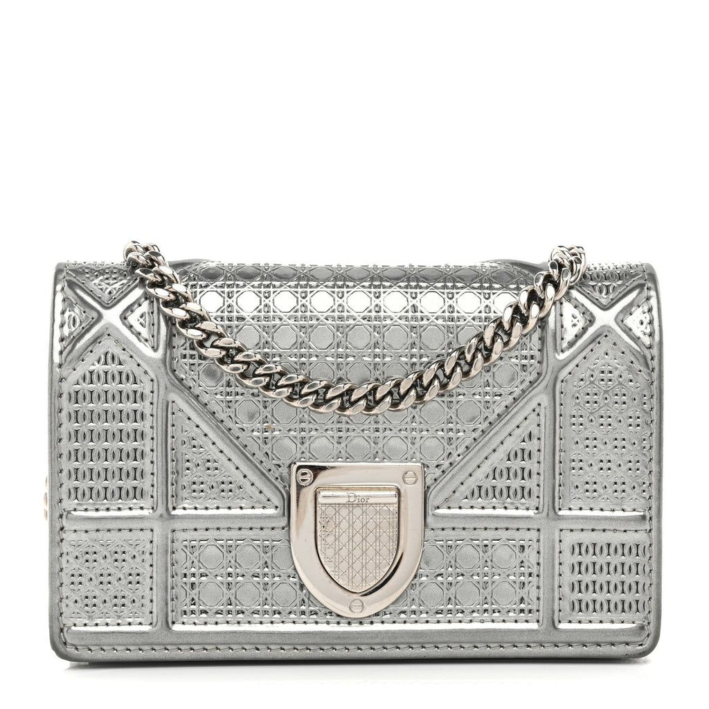 Metallic Patent Micro-Cannage Baby Diorama Flap Bag Silver