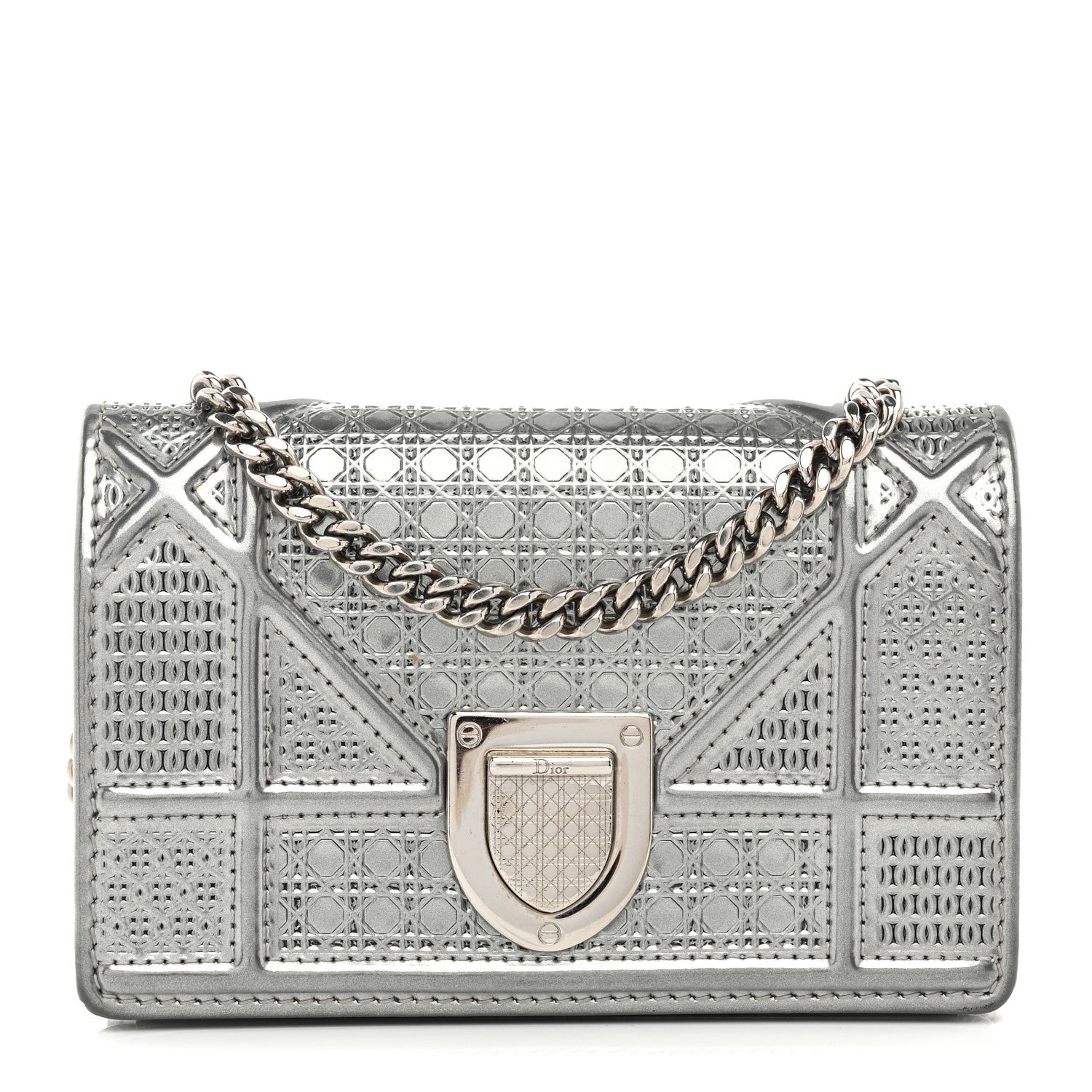 Metallic Patent Micro-Cannage Baby Diorama Flap Bag Silver