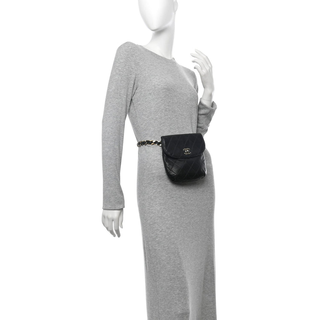 Lambskin Diamond Stitched Flap Waist Belt Bag 80 32 Black