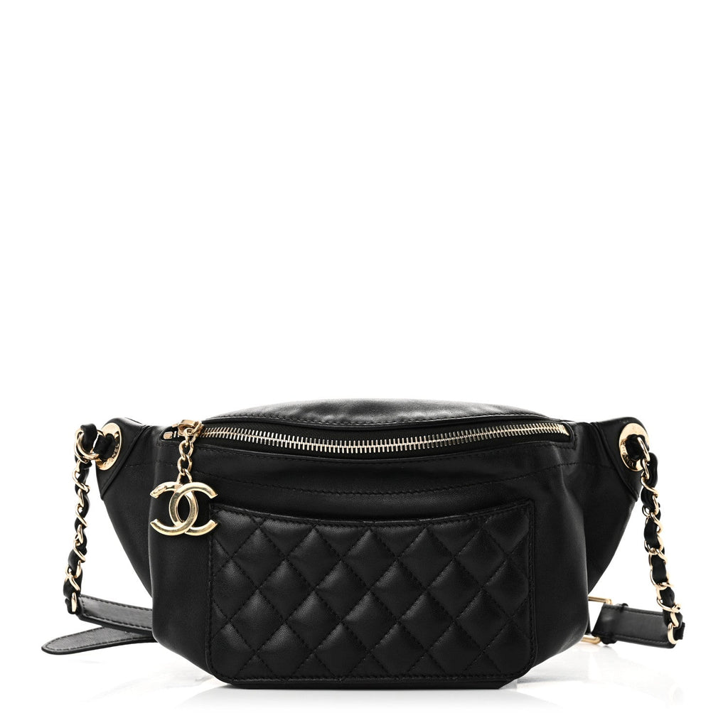 Lambskin Quilted Waist Bag Fanny Pack Black