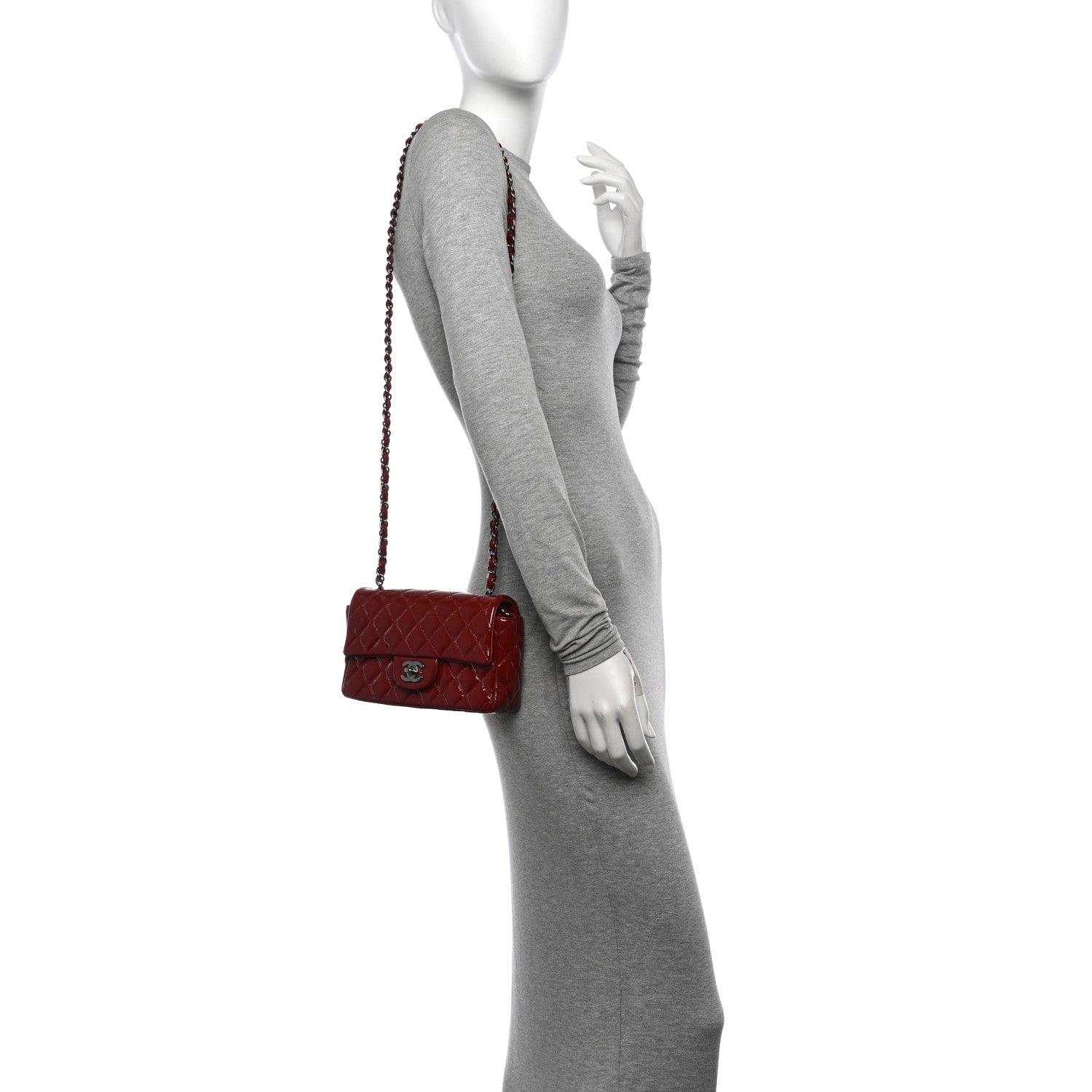 Patent Calfskin Quilted Mini Rectangular Flap Dark Red