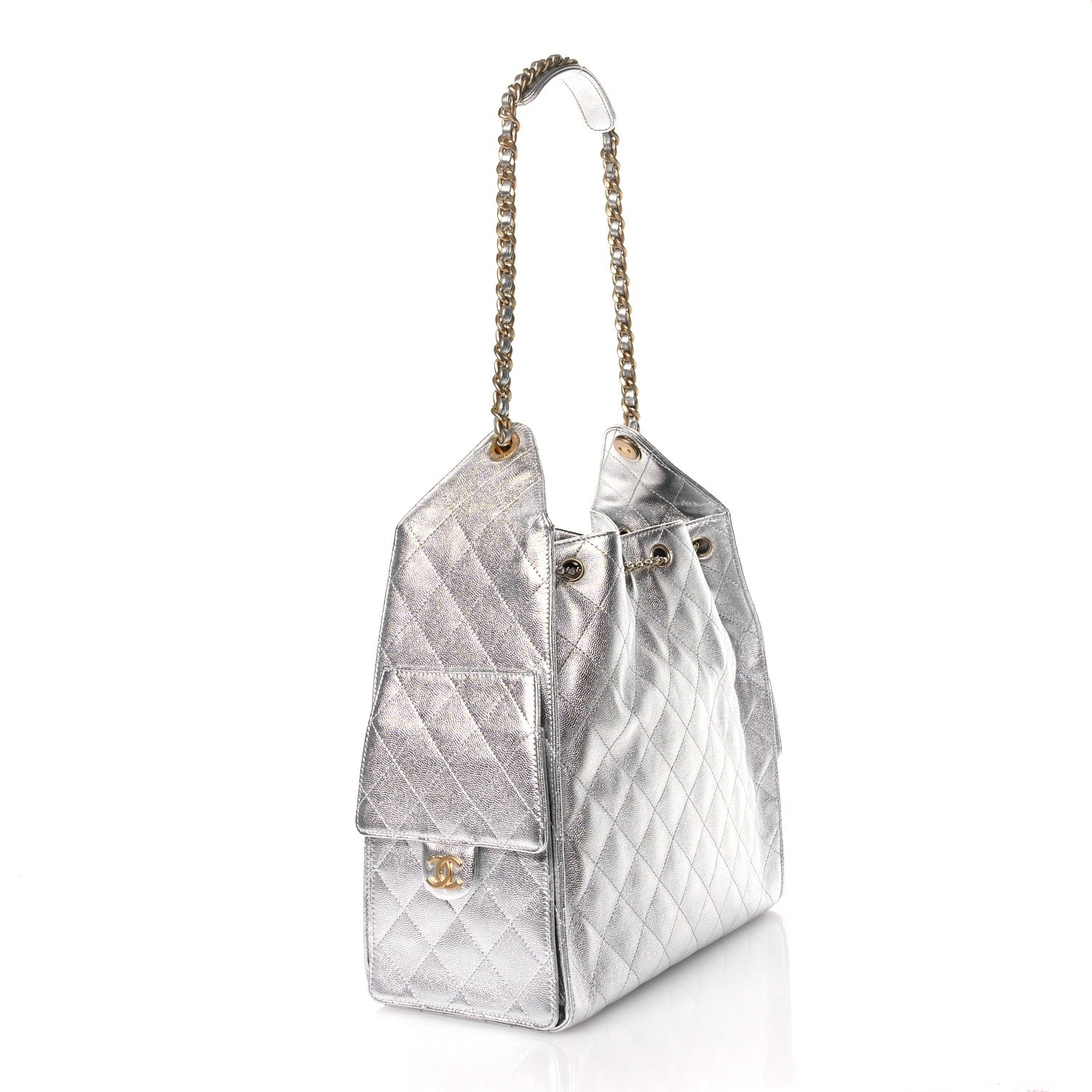 Metallic Caviar Quilted Medium Chanel 25 Handbag Silver