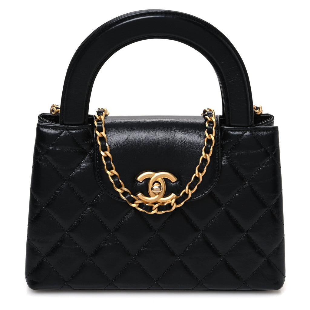 Shiny Aged Calfskin Quilted Nano Kelly Shopper Black