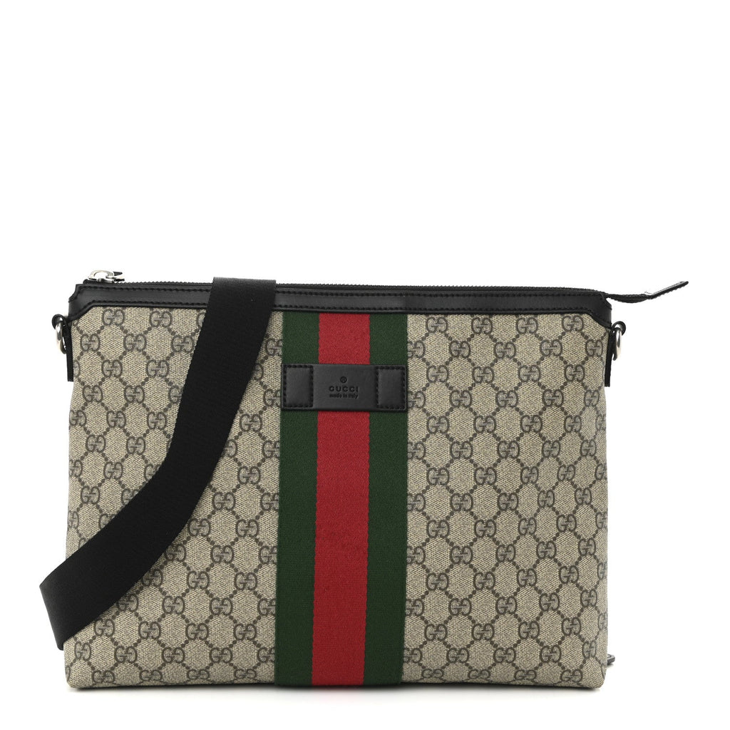 GG Supreme Monogram Calfskin Web Medium Flat Messenger Bag Beige Ebony Black