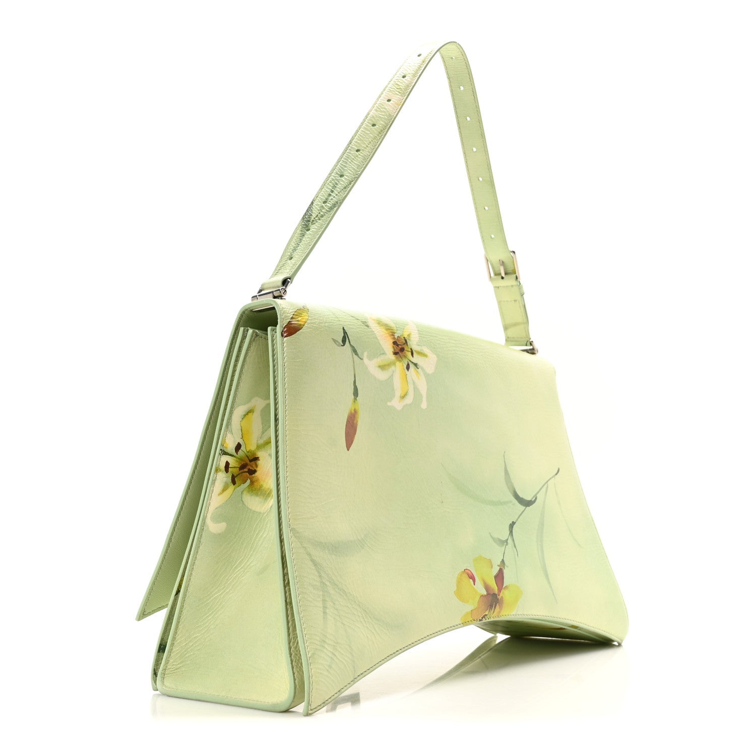 Shiny Paper Calfskin Floral Printed Large Crush Sling Bag Green