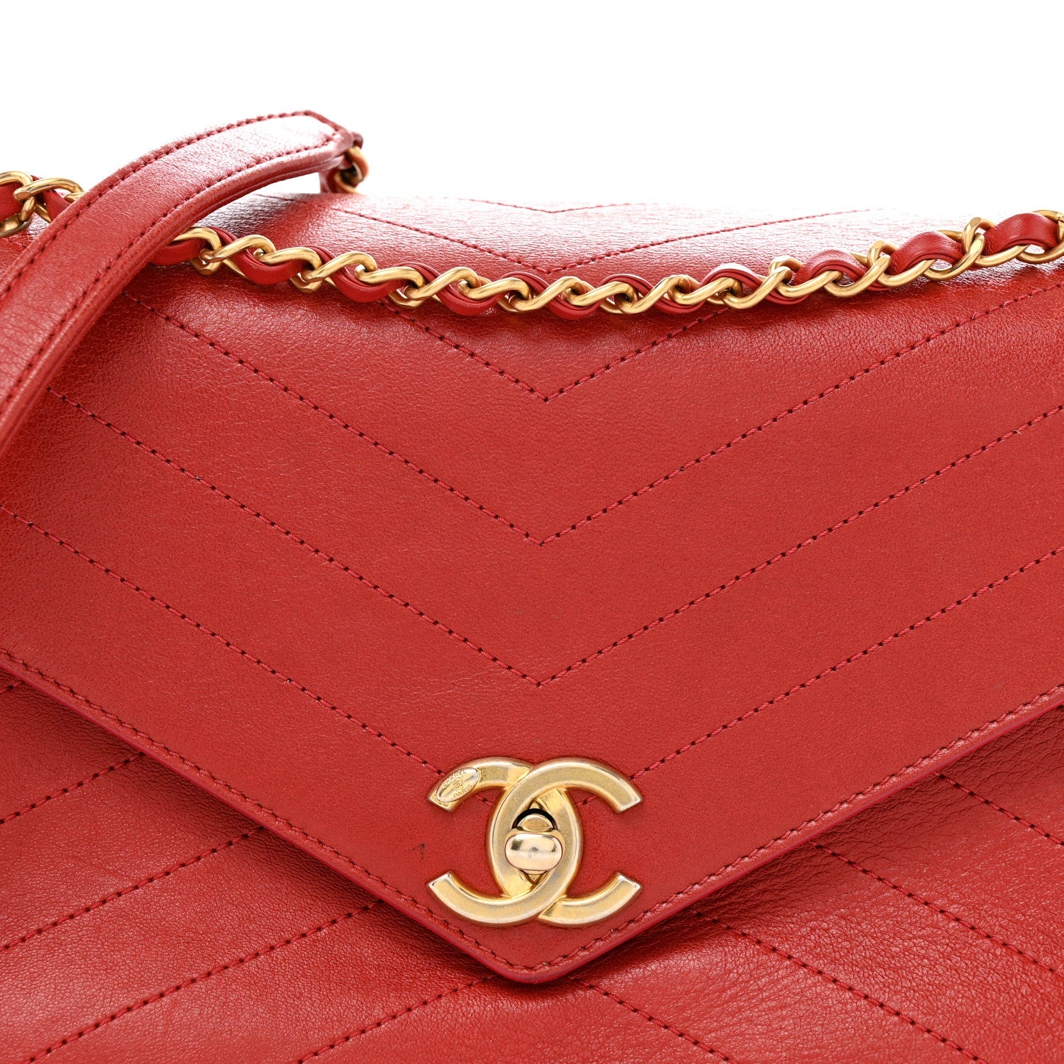 Lambskin Chevron Stitched Medium Envelope Flap Red