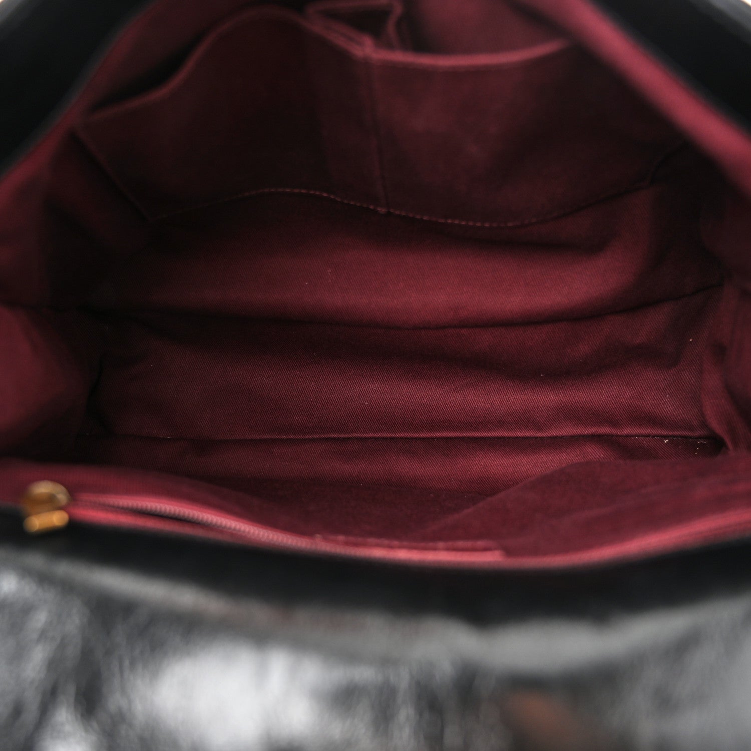 Glazed Calfskin Castle Rock Large Flap Black Burgundy