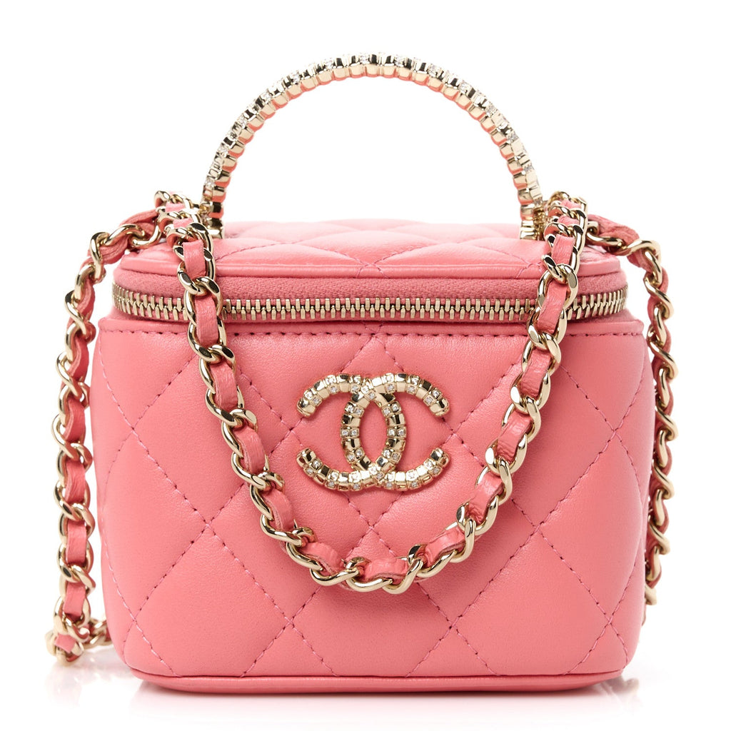 Lambskin Quilted Crystal Top Handle Mini Vanity Case With Chain Coral