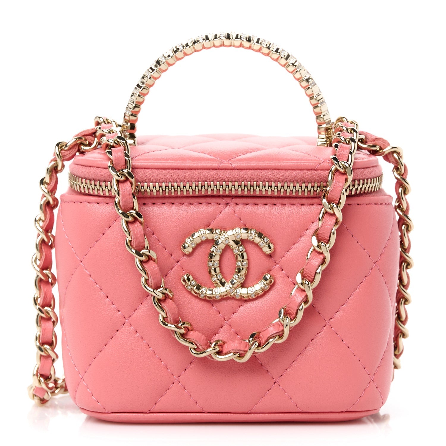 Lambskin Quilted Crystal Top Handle Mini Vanity Case With Chain Coral