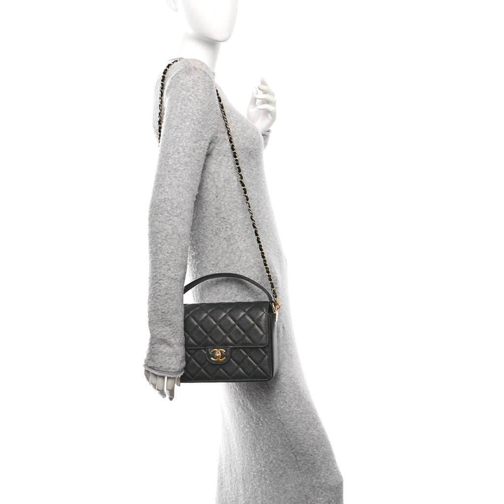 Shiny Caviar Quilted Small Top Handle Flap  Black