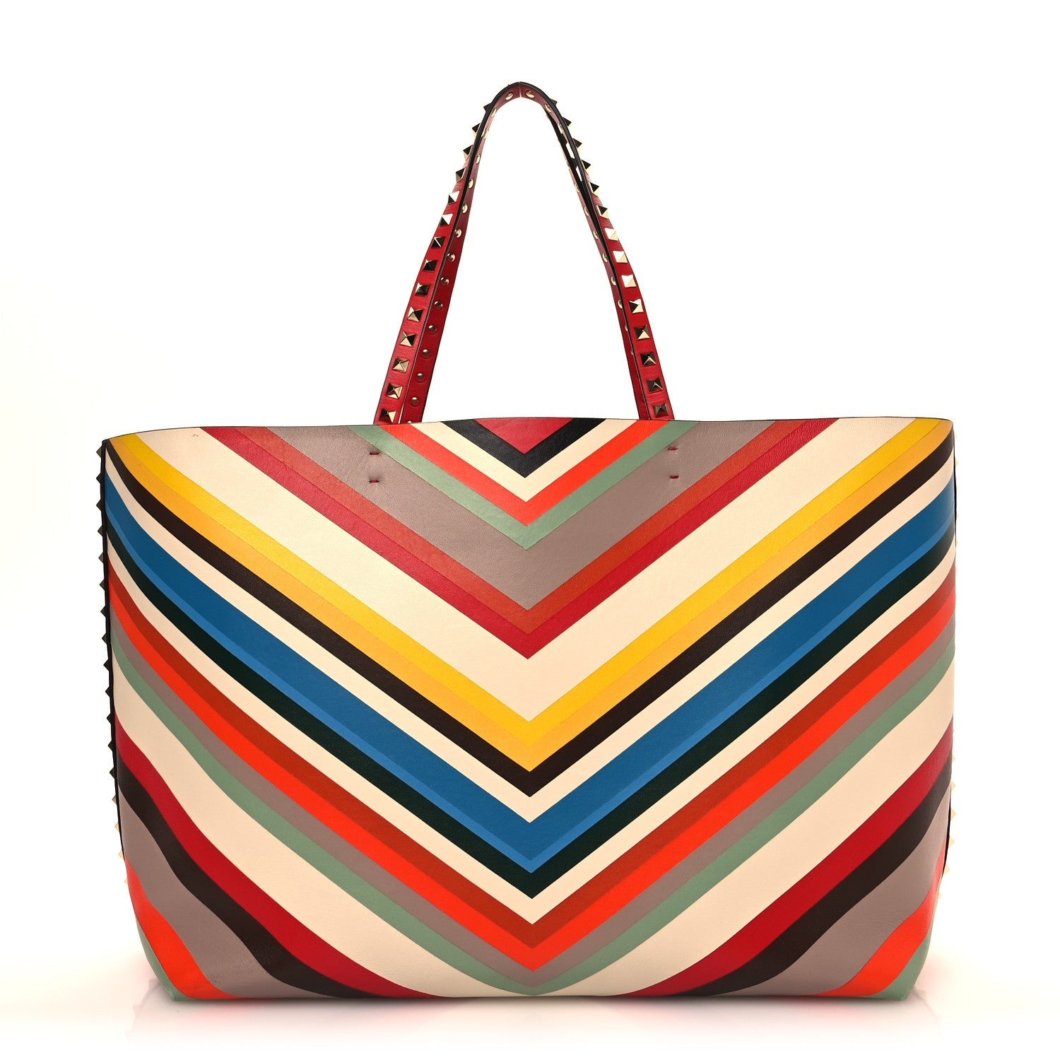 Calfskin Striped Large Rockstud Tote Red Multicolor