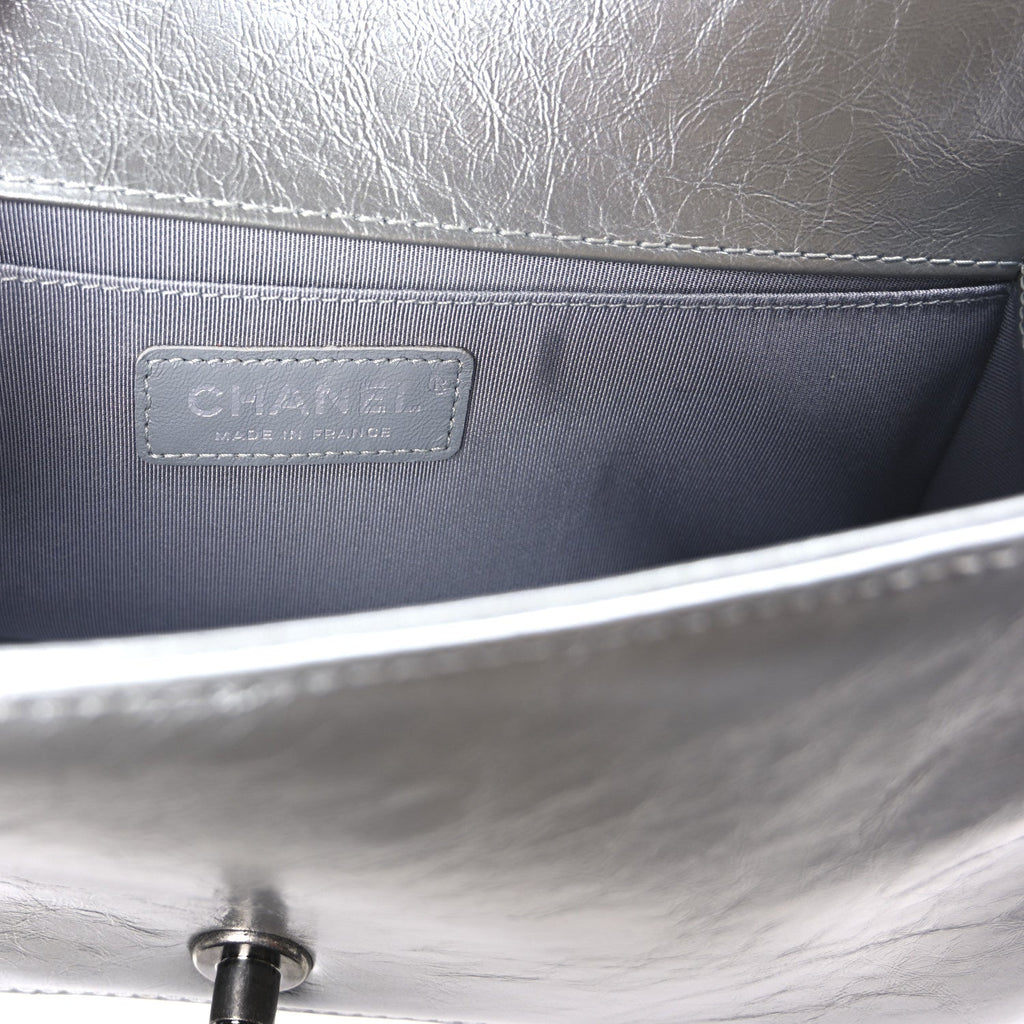 Metallic Calfskin Quilted Medium Top Handle Boy Flap Silver