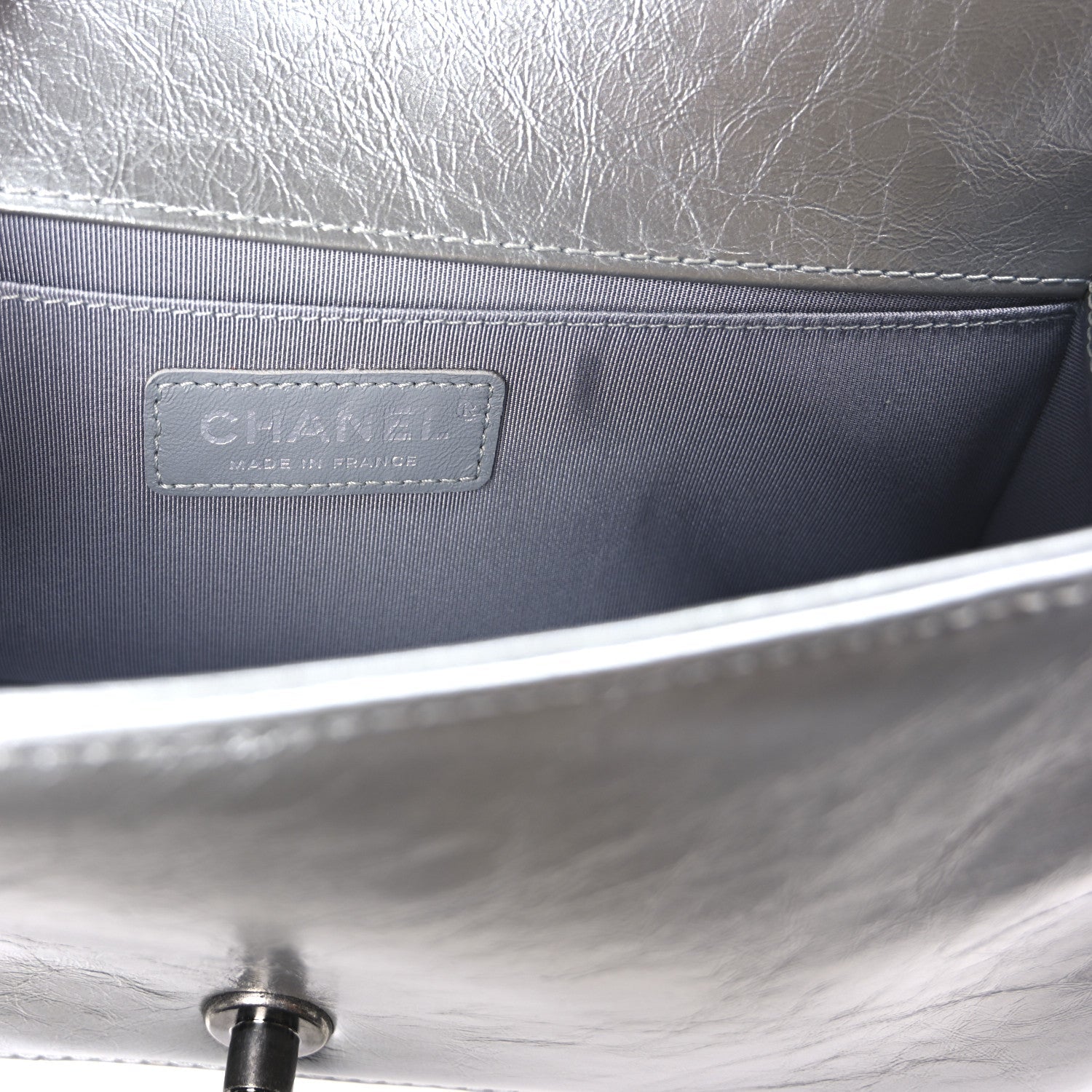 Metallic Calfskin Quilted Medium Top Handle Boy Flap Silver