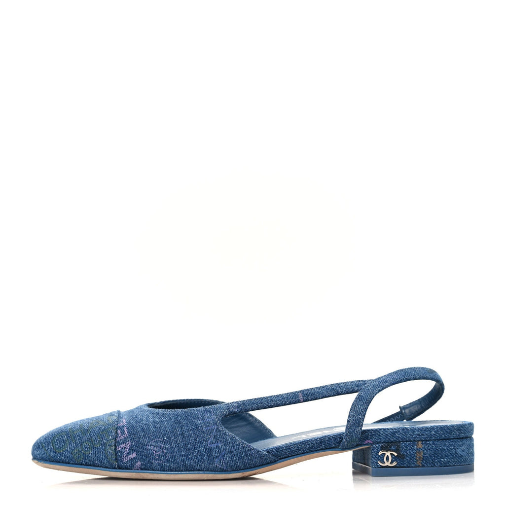 Denim Printed Denim Mood Cap Toe CC Slingback Flats 36 Light Blue Multicolor