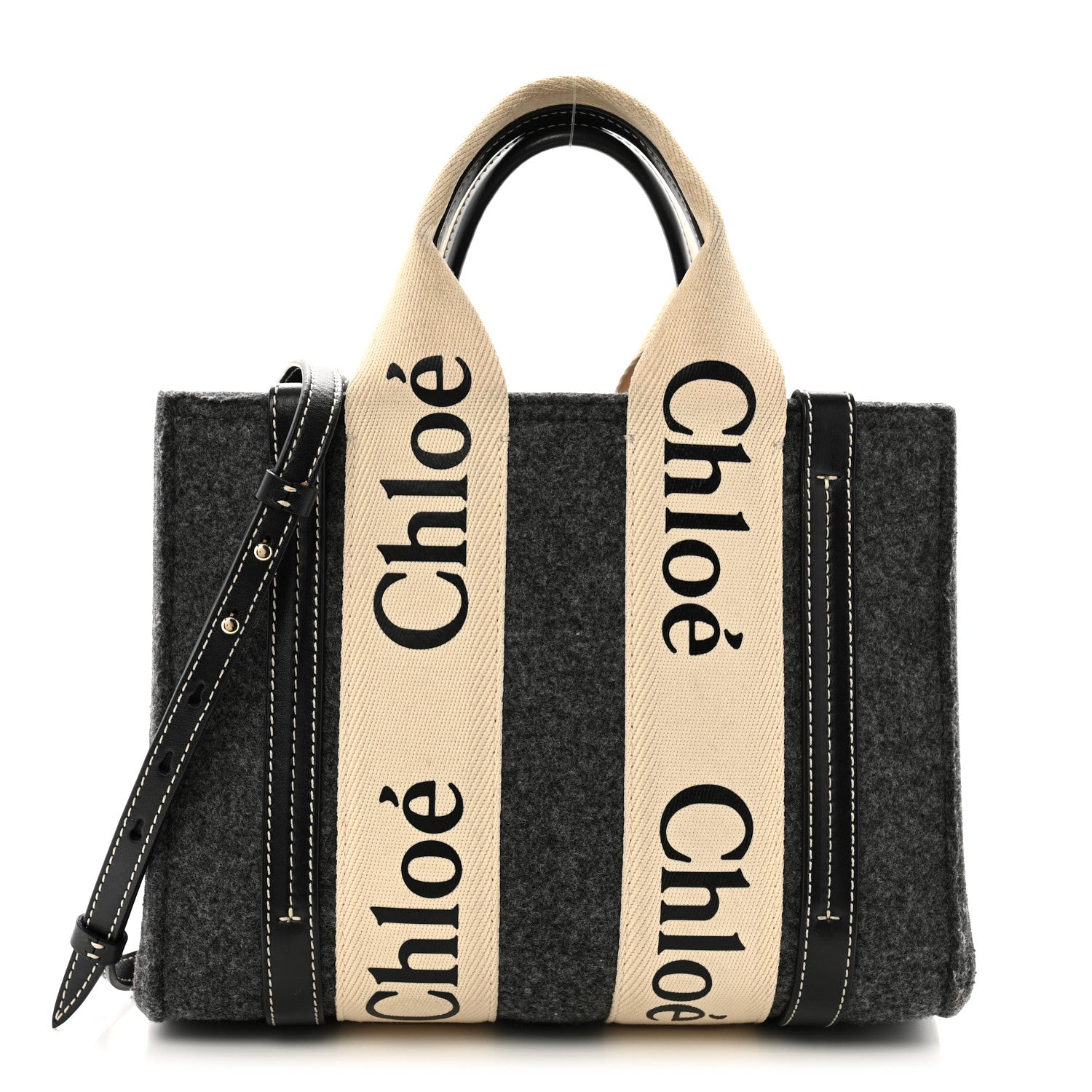 Felt Calfskin Small Woody Ribbon Tote With Strap Cashmere Grey