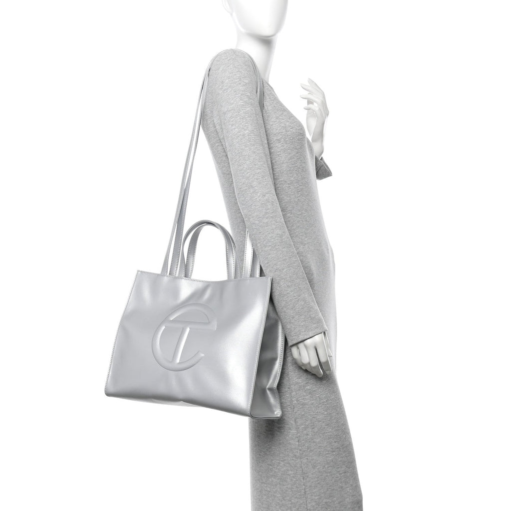 Metallic Vegan Leather Medium Shopping Bag Silver