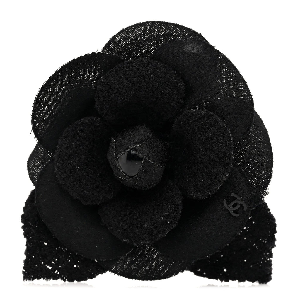 Tweed Fabric Camellia Pin Brooch Black