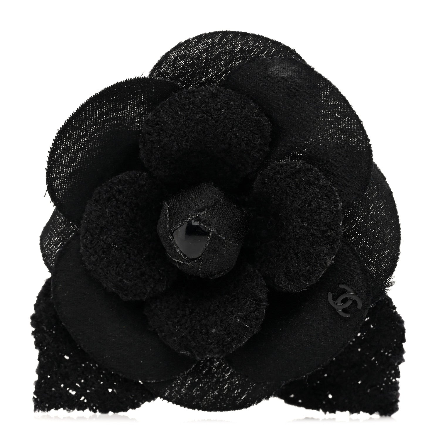 Tweed Fabric Camellia Pin Brooch Black