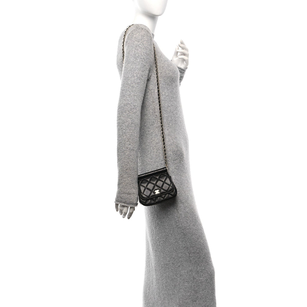 Caviar Quilted  Mini Flap Clutch With Chain Black