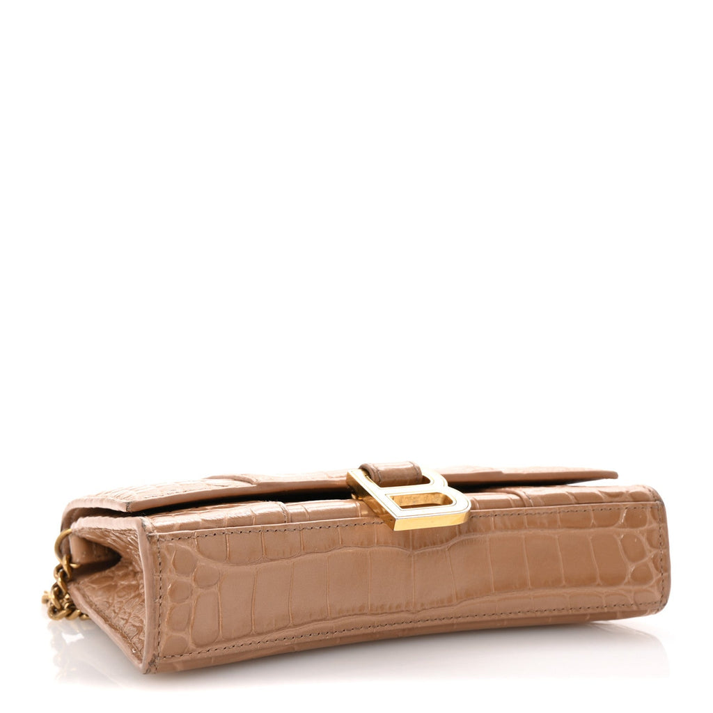 Shiny Calfskin Crocodile Embossed Hourglass Wallet on Chain Nude Beige