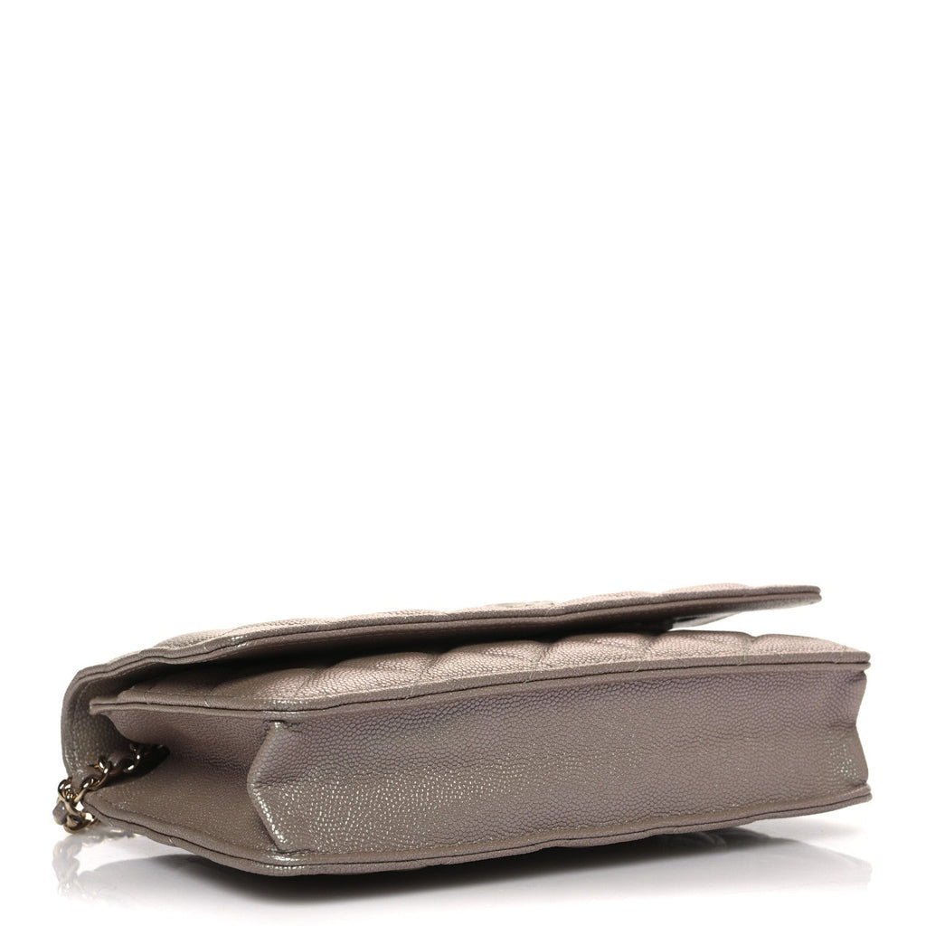 Iridescent Caviar Quilted Wallet on Chain WOC Beige