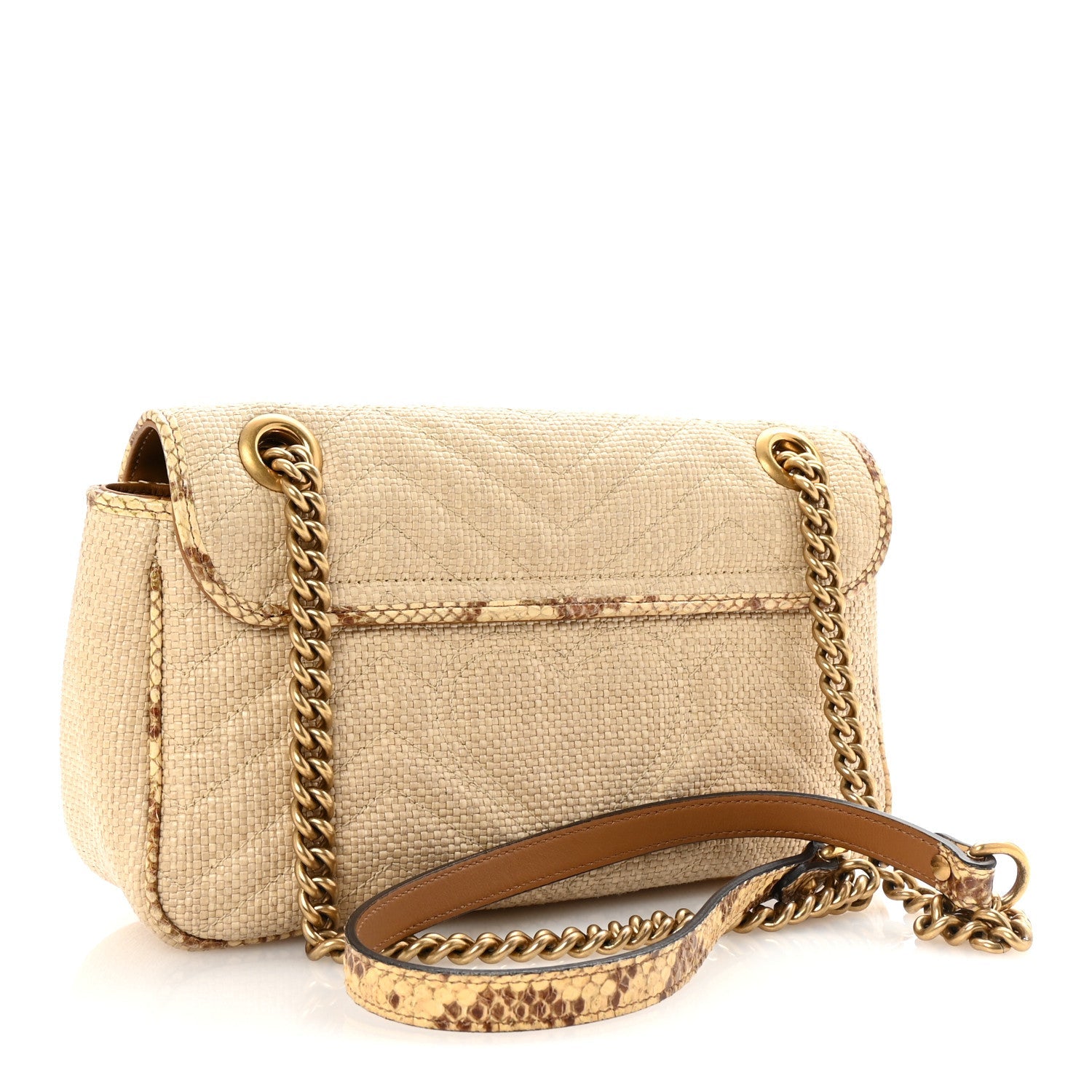 Raffia Elaphe Matelasse Small GG Marmont Shoulder Bag Natural Cream Brown