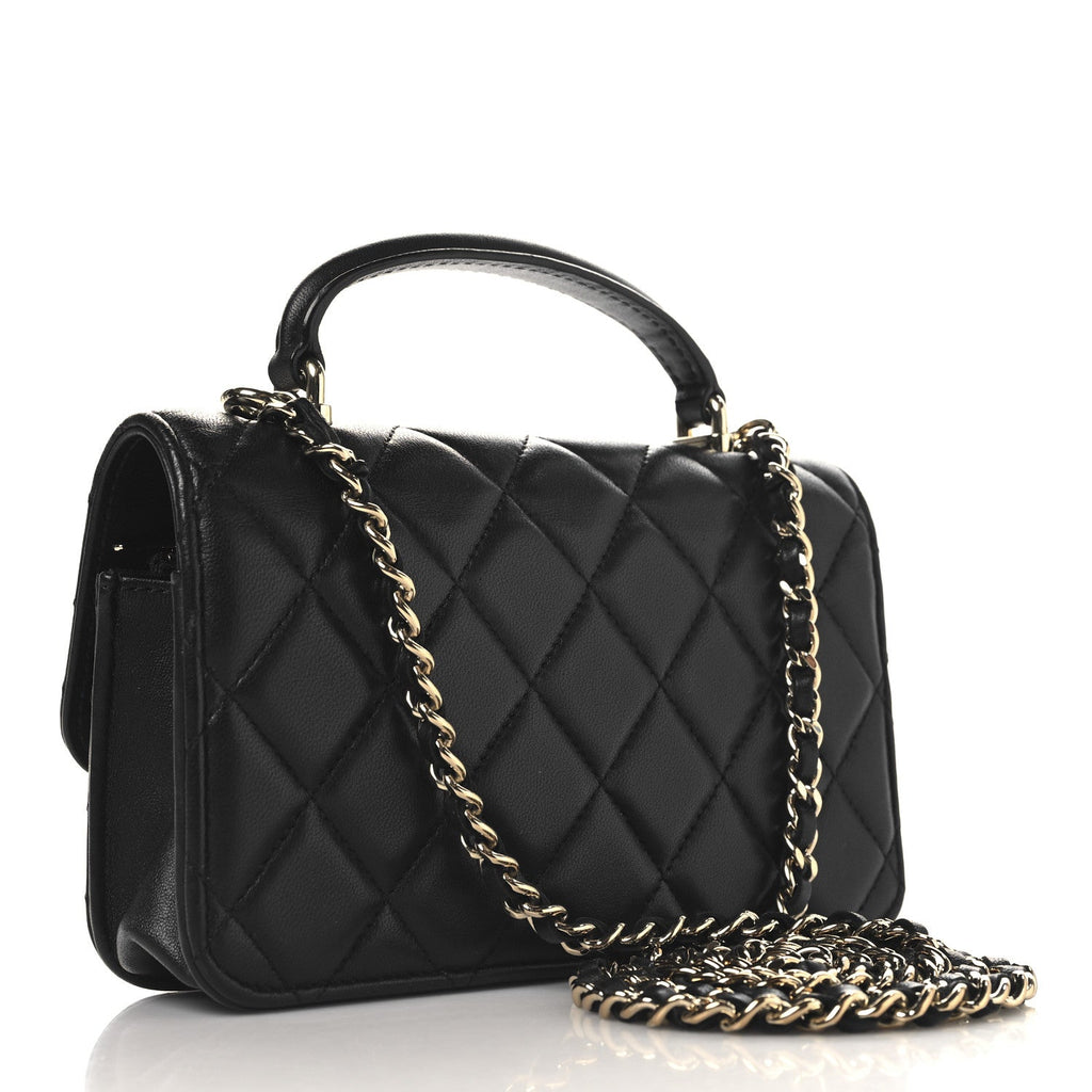 Lambskin Quilted Flap Phone Holder With Chain Black