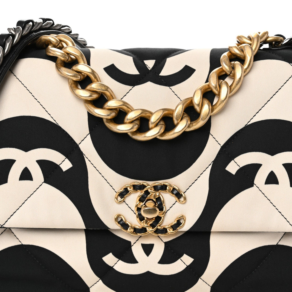 Fabric Printed Large Chanel 19 Flap Black Ecru