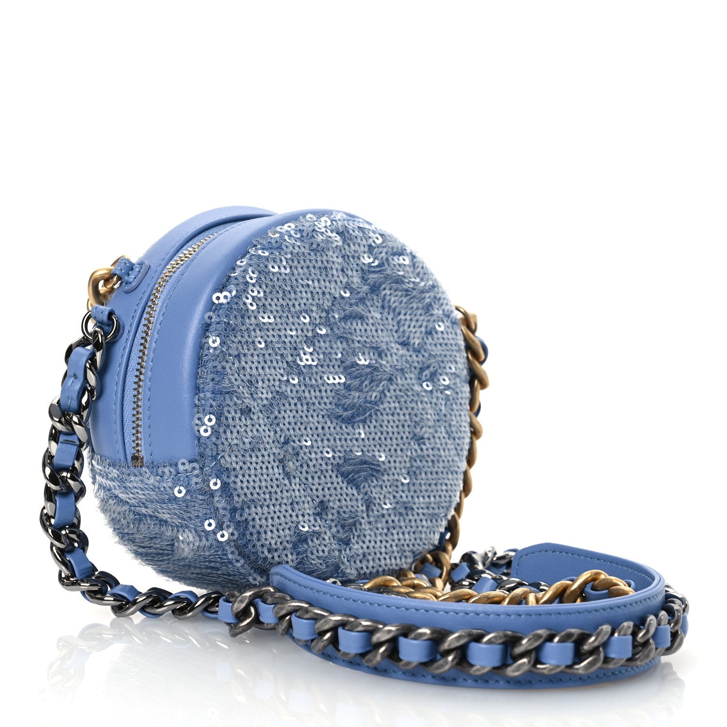Sequin Chanel 19 Round Clutch With Chain Light Blue
