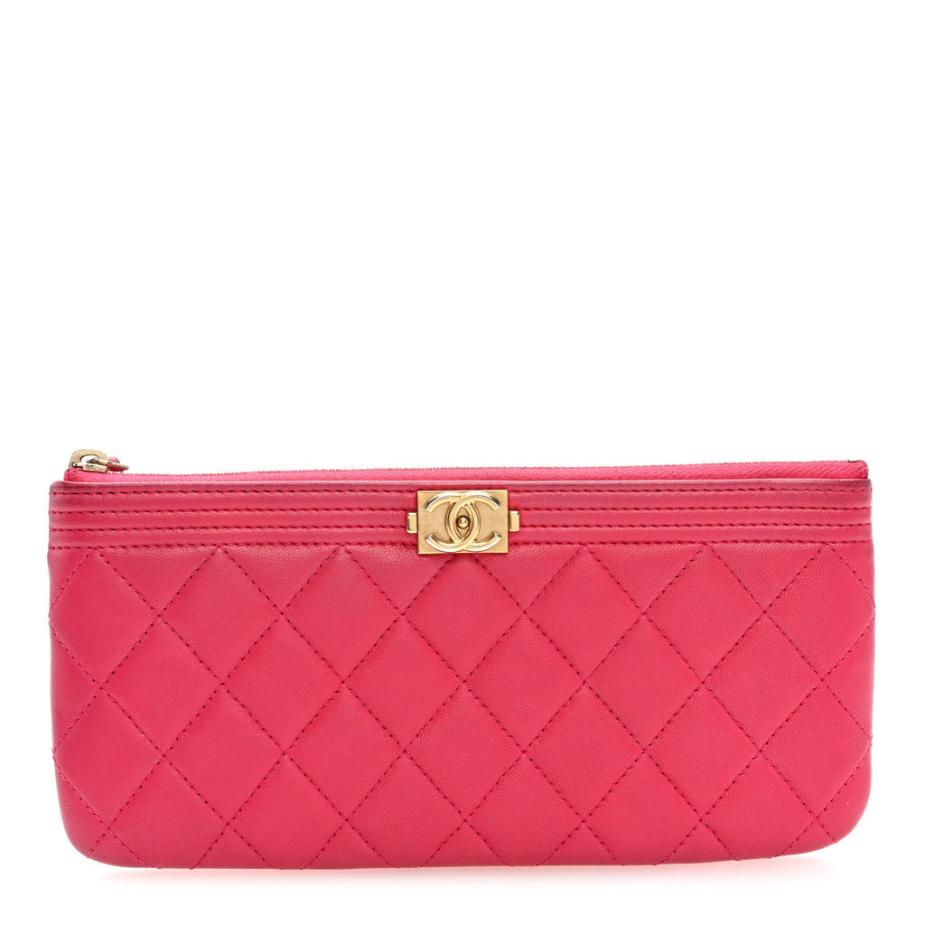 Lambskin Quilted Small Boy Zipped Pouch Dark Pink