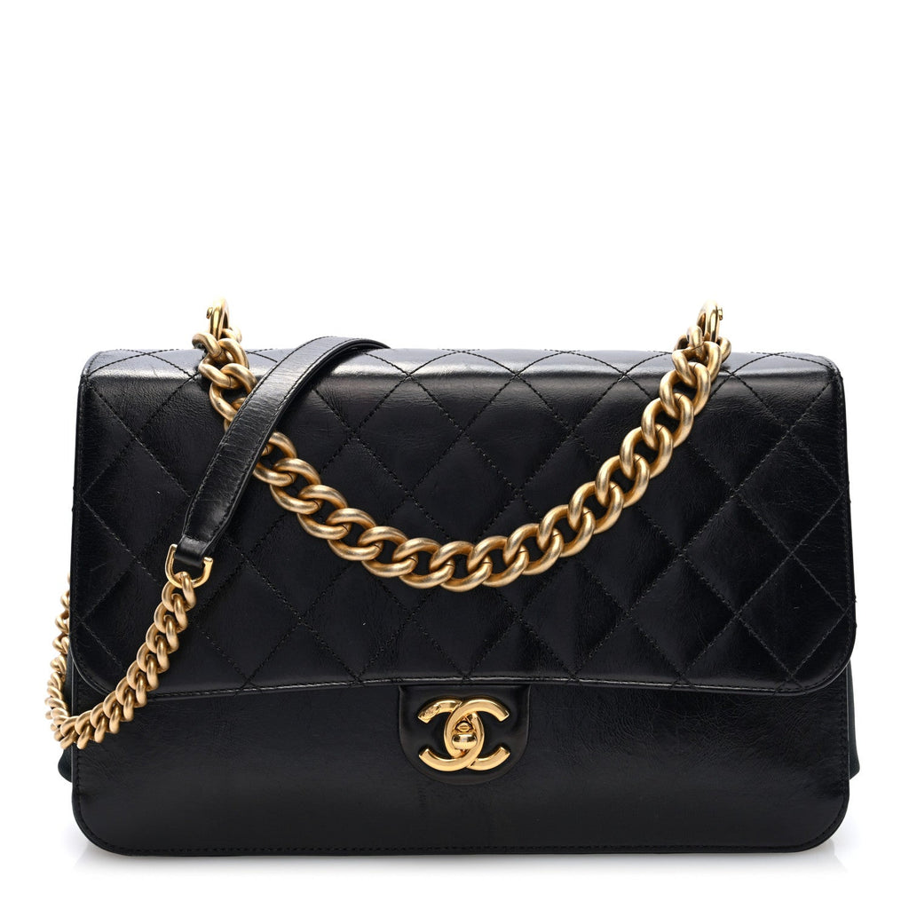 Iridescent Calfskin Quilted Straight Lined Flap Black