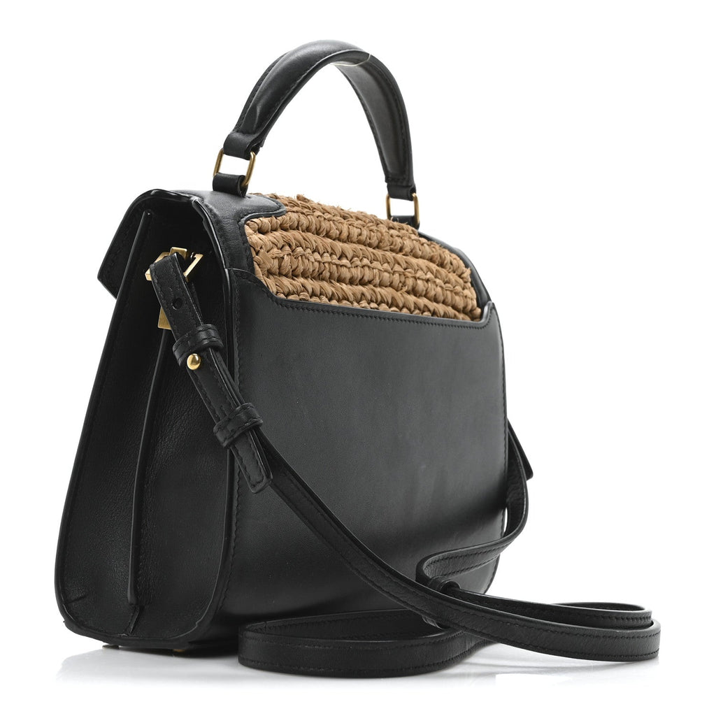 Raffia Calfskin Mini Classic Monogram Cassandra Top Handle Black Natural
