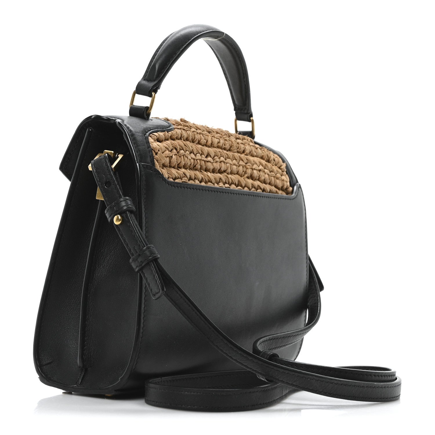 Raffia Calfskin Mini Classic Monogram Cassandra Top Handle Black Natural