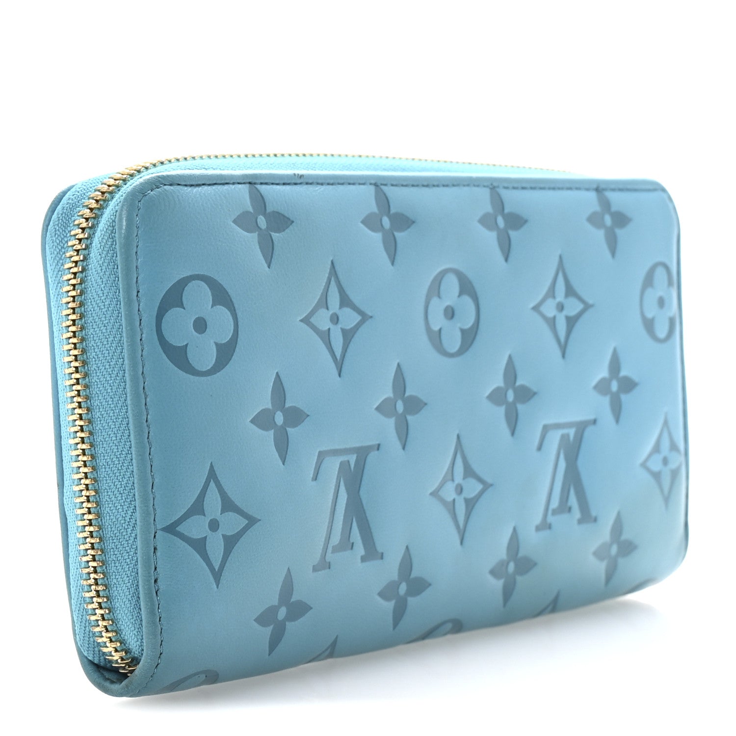 Lambskin Embossed Monogram Coussin Zippy Wallet Turquoise