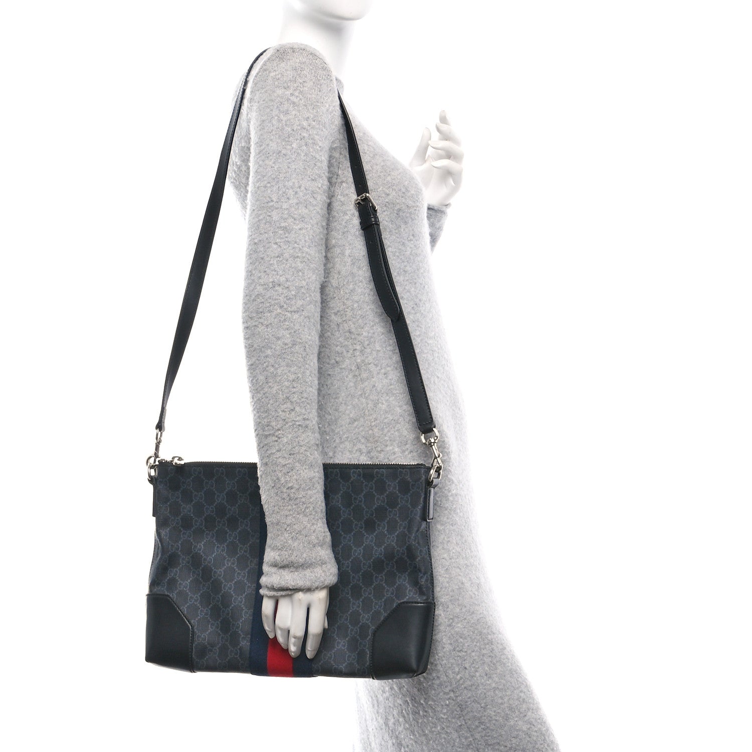 Soft GG Supreme Monogram Appia Calfskin Web East West Messenger Bag Black Grey