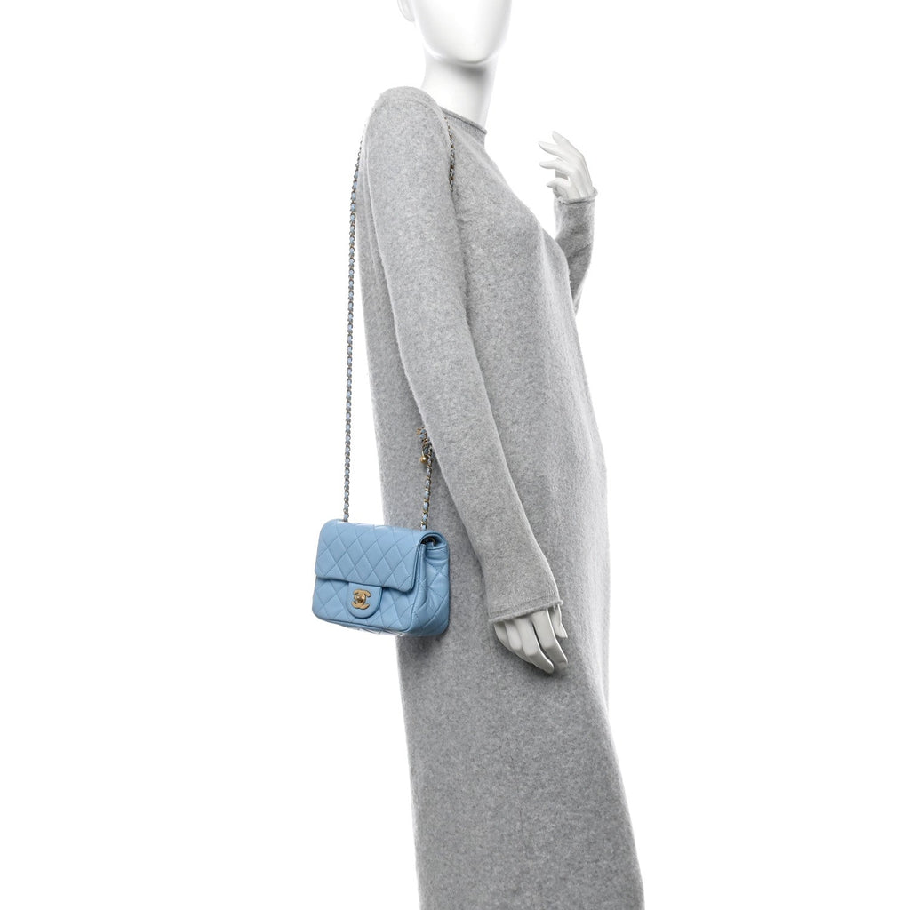 Lambskin Quilted Mini Pearl Crush Flap Light Blue